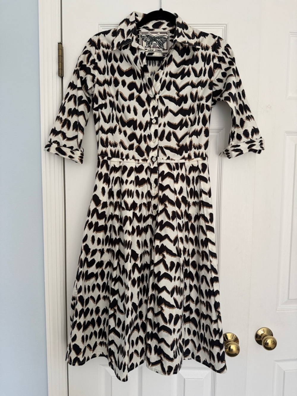 Samantha Sung Black, White & Brown Animal Print Midi Shirt Dress Size 2
